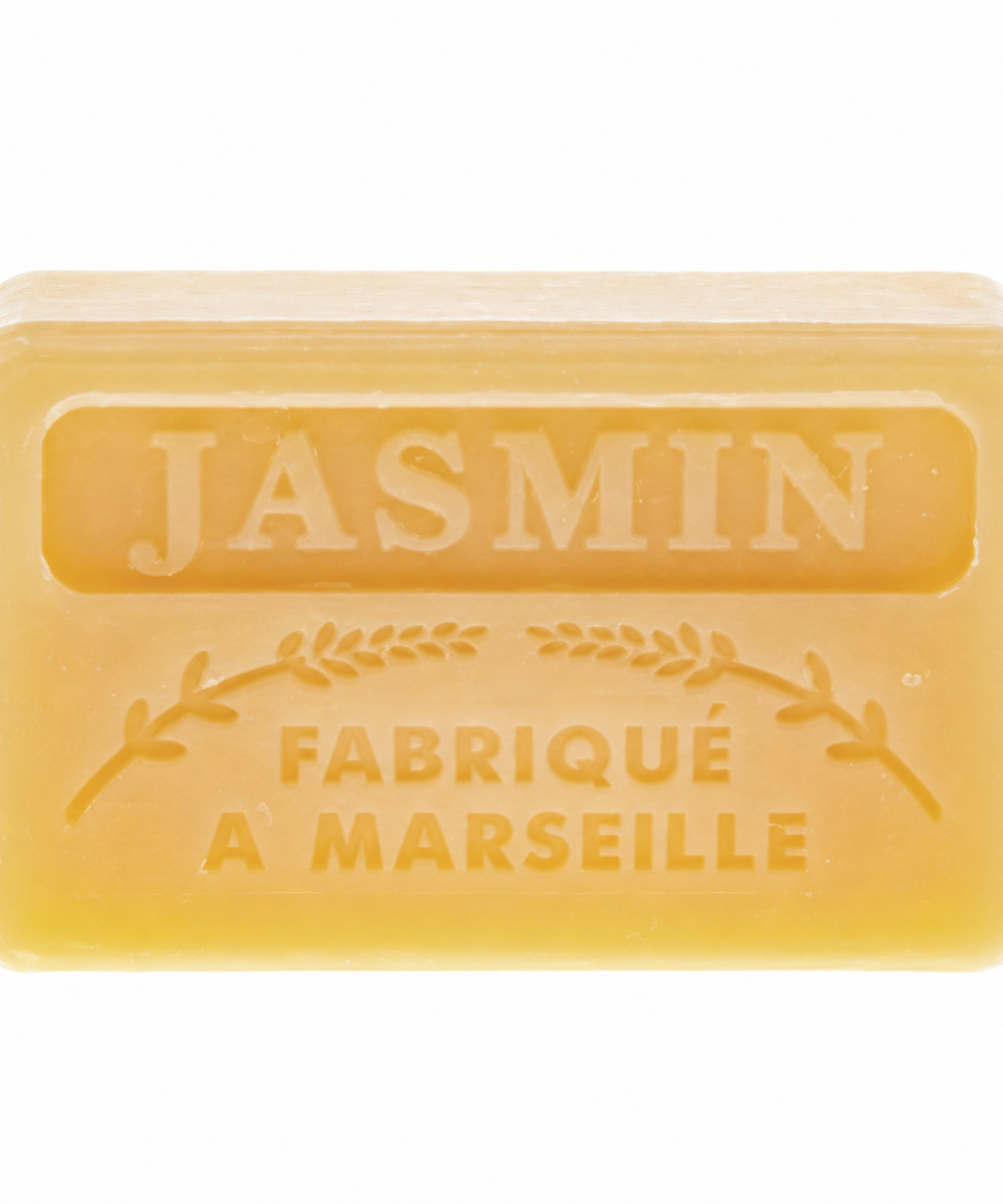 Savonnette marseillaise parfumée Jasmin 60 g sur fond blanc