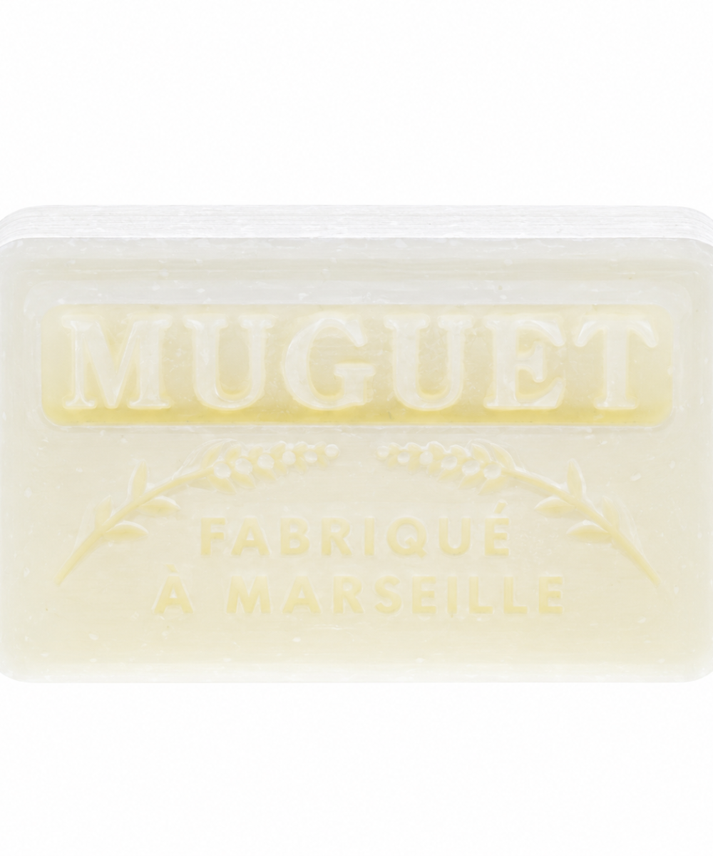 Savonnette marseillaise parfumée Muguet 60 g sur fond blanc