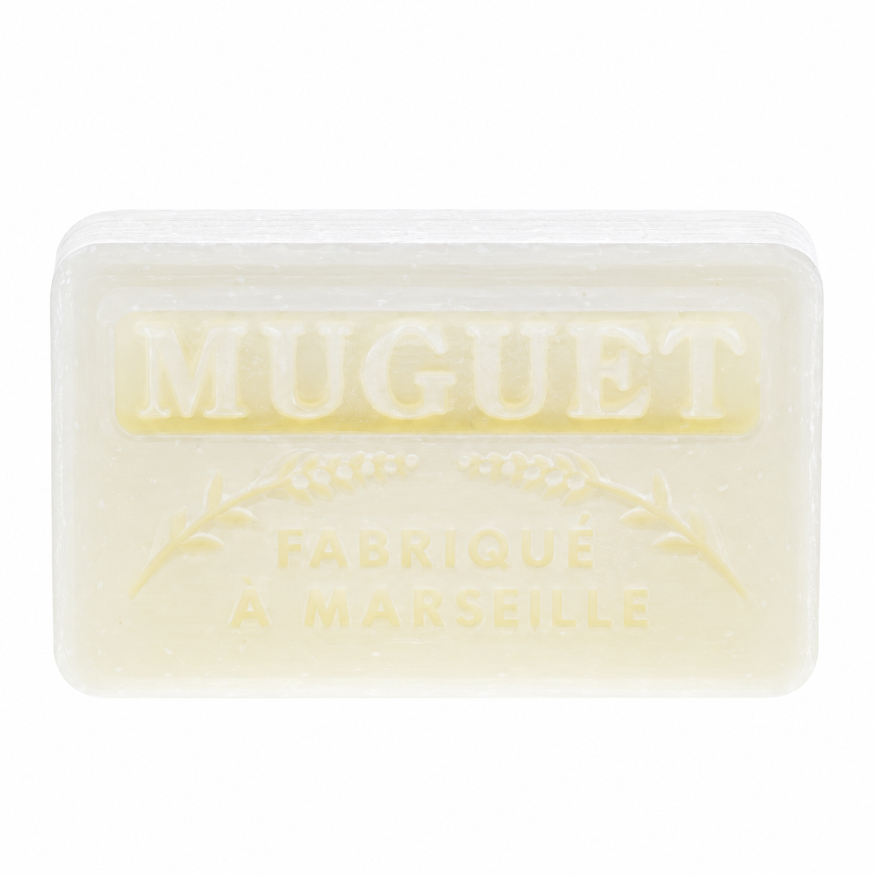 Savonnette marseillaise Muguet 60 g Savonnette marseillaise parfumée Muguet 60 g sur fond blanc