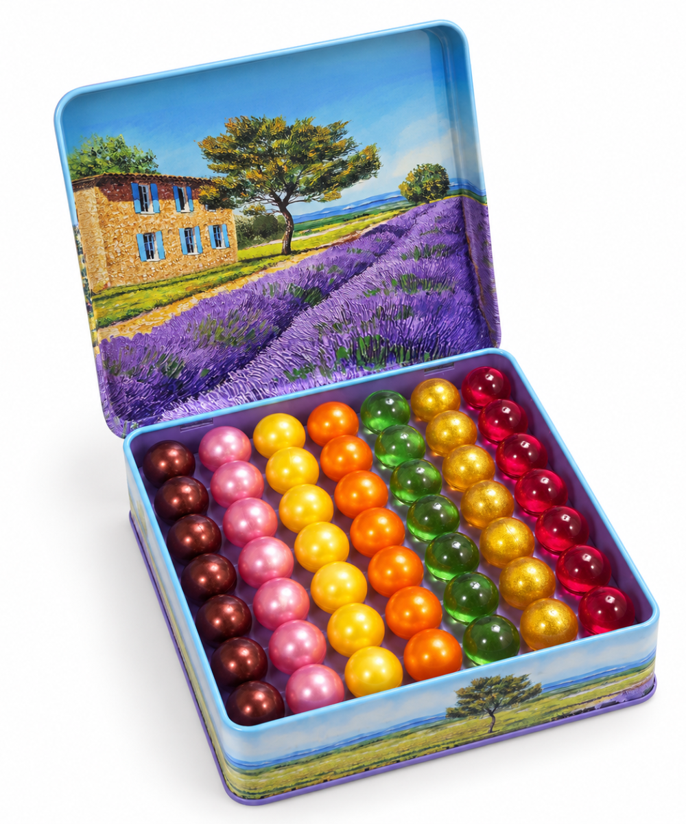 Coffret Champ de Lavande ouvert avec 49 perles de bain