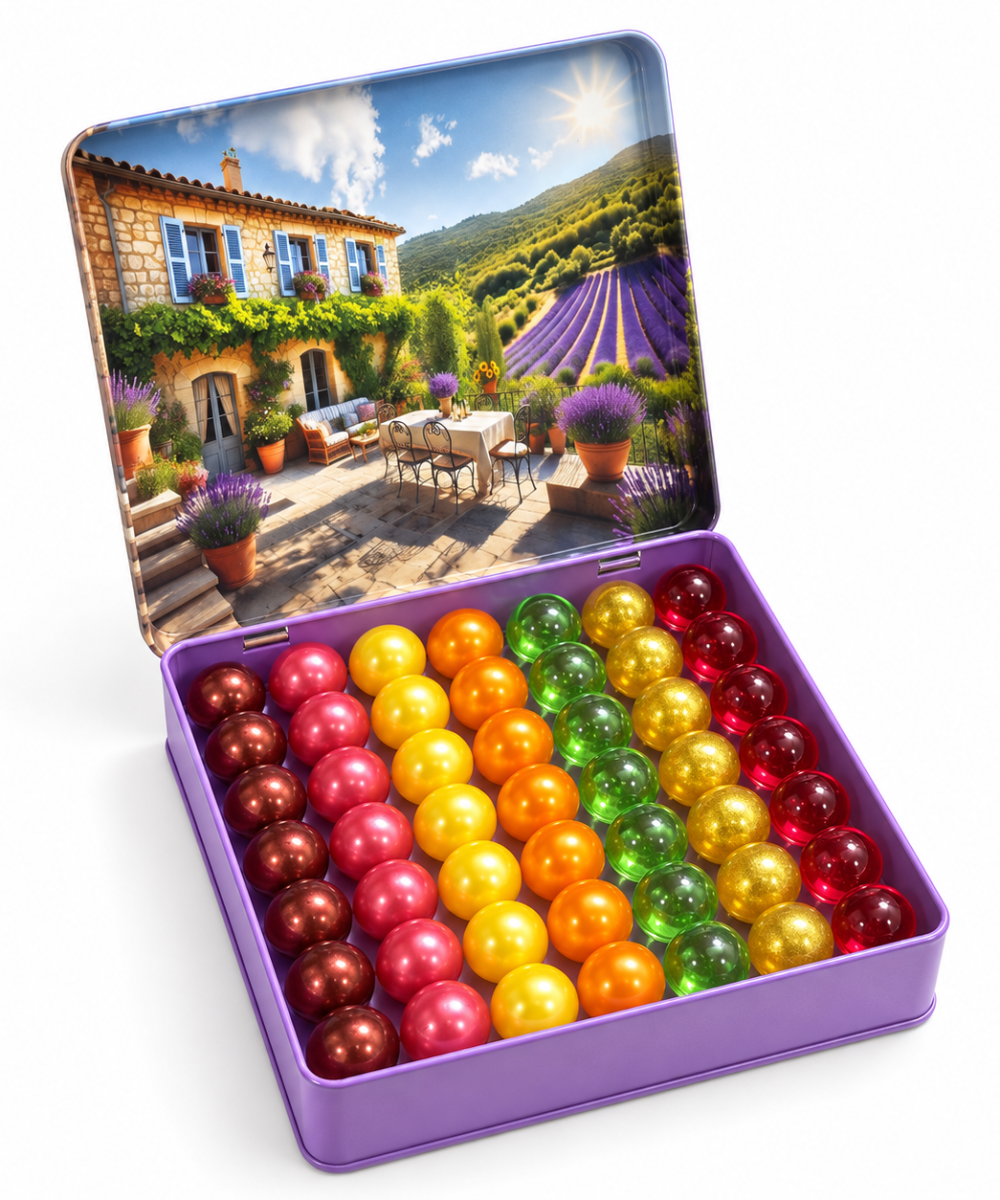 Coffret Maison Provençale ouvert contenant 49 perles de bain