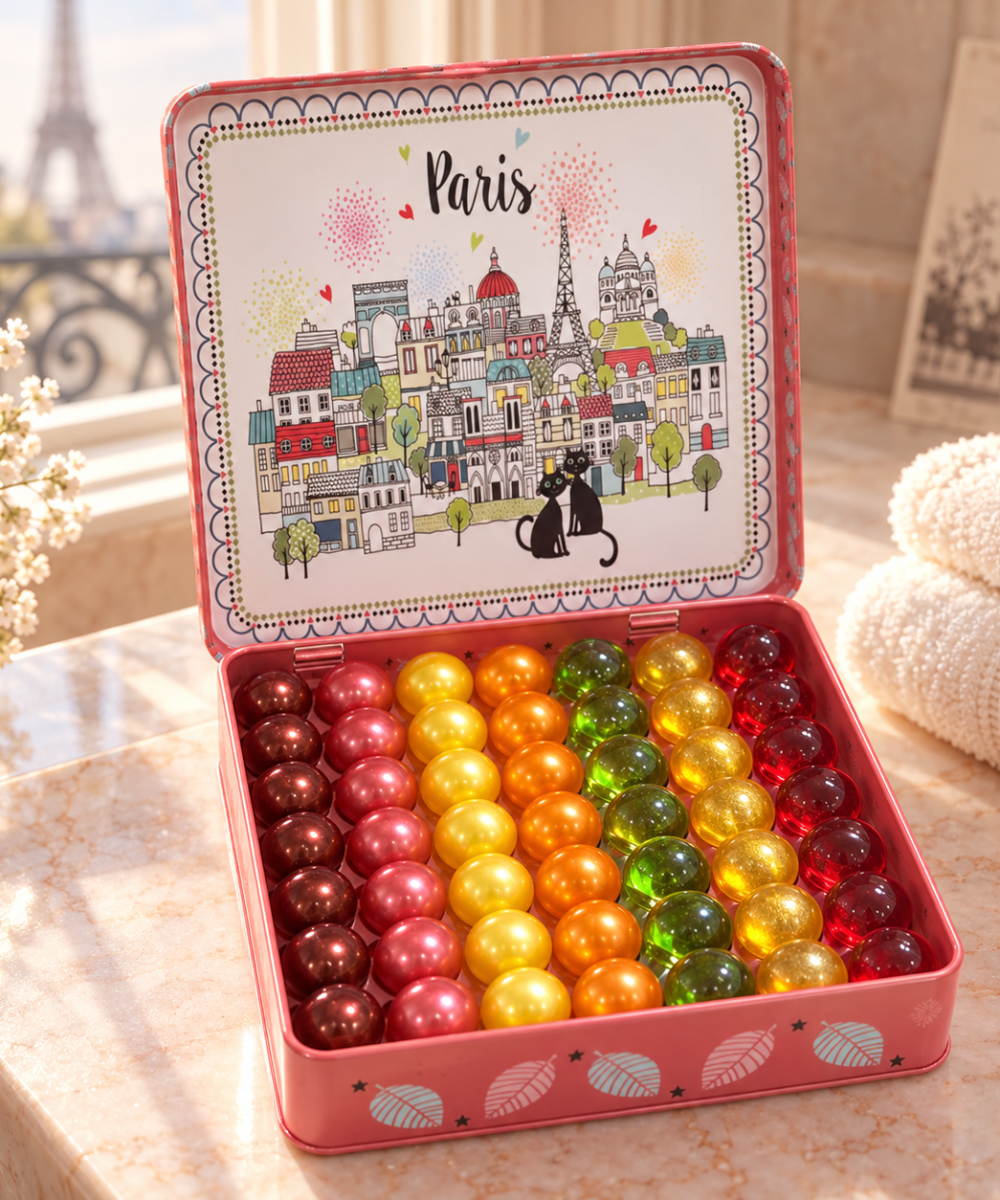 Coffret corail Paris Chat avec 49 perles de bain
