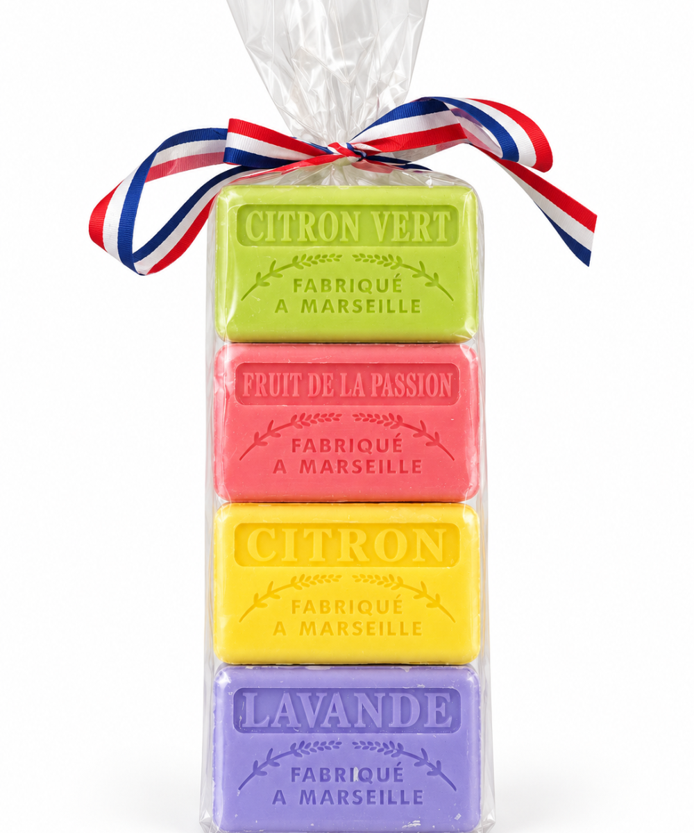 Zestaw prezentowy 4 mydeł marsylskich po 60 g: Limonka, marakuja, cytryna, lawenda
